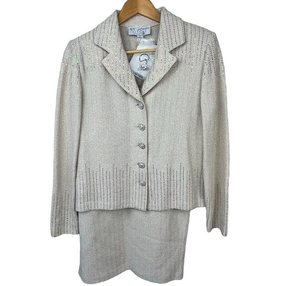 St. John Evening By Marie Gray Cream Gold Knit Suit with Skirt Sz 6 NWT Sparkle - Picture 1 of 16